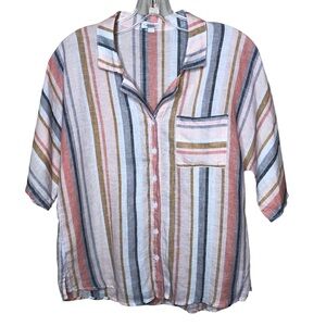 Garnet Hill Linen Blouse Size 8 Stripes Button Lagenlook Breathable Beach Boxy